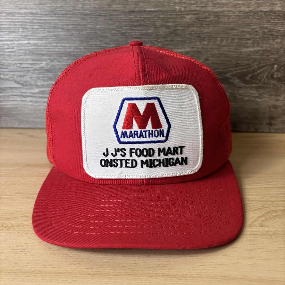 Vintage Marathon Hat Cap Snap Back Red Mesh Trucker Patch Louisville MFG